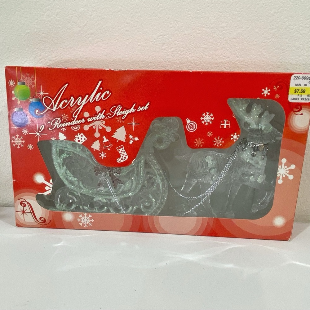 Vtg Acrylic Christmas Sleigh & 2 Reindeer Set Detailed Crystal Look Silver Metal